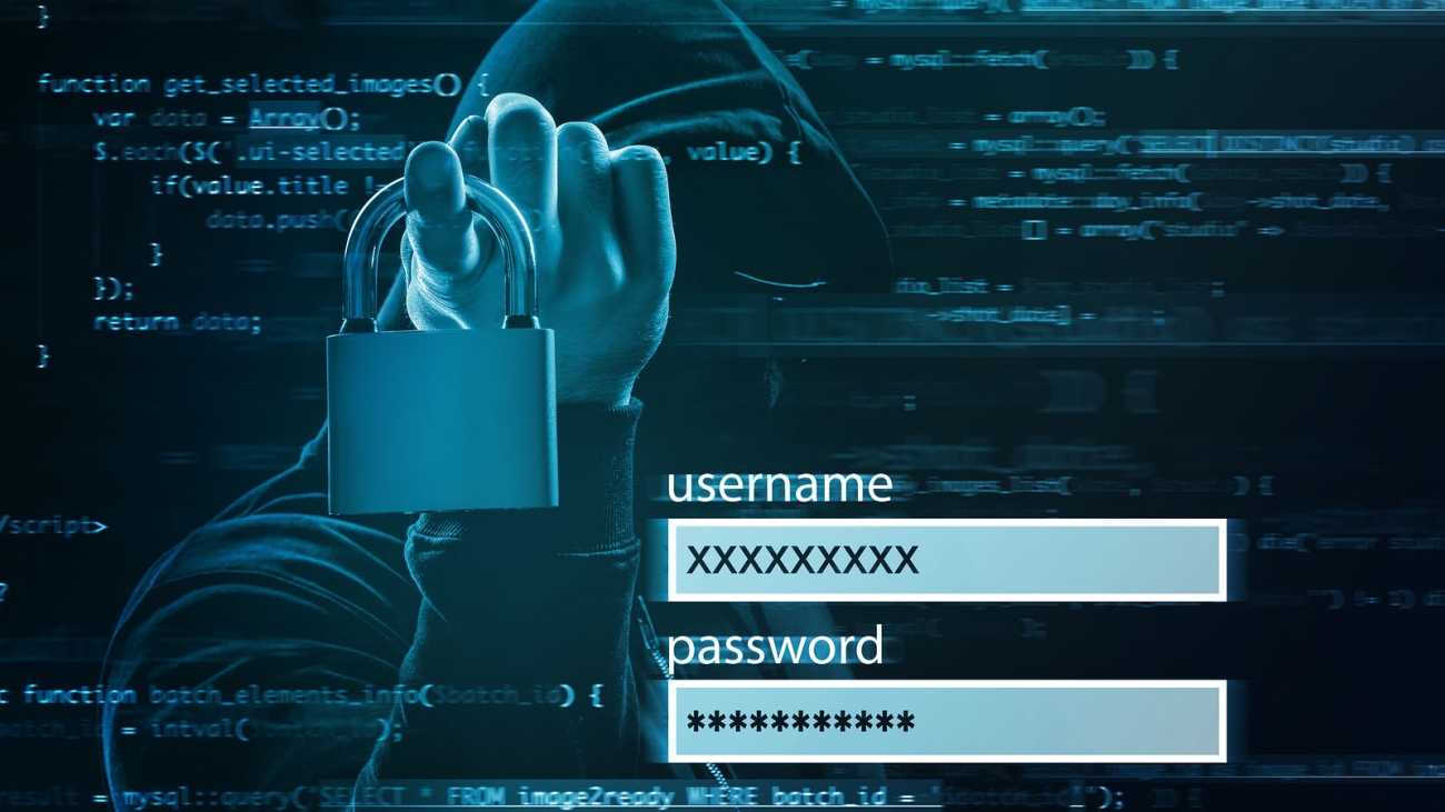 Login form and hacker with lock on dark background. Concept of cyber attack and security